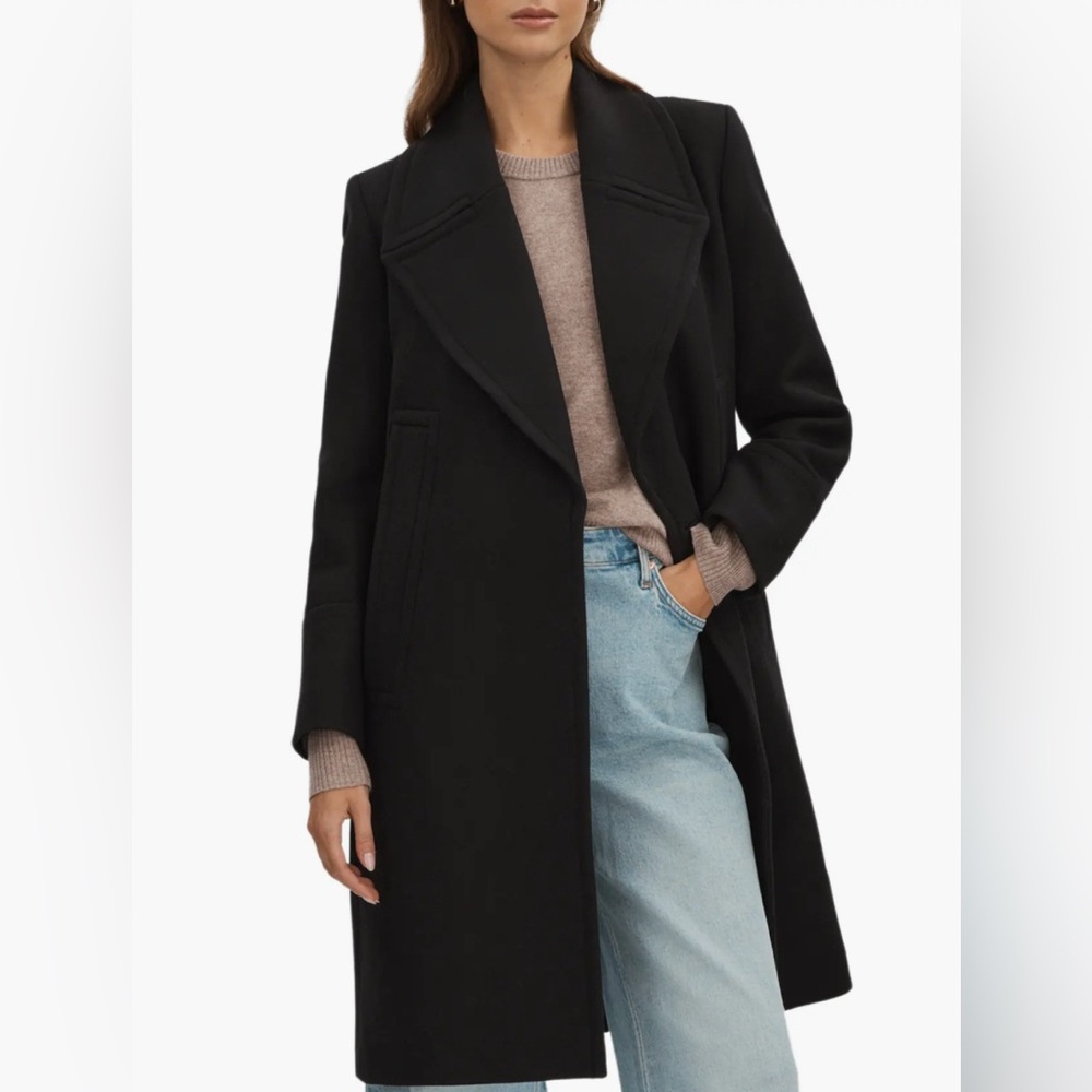 Reiss Black Wool Blend Long Coat (Size 12)